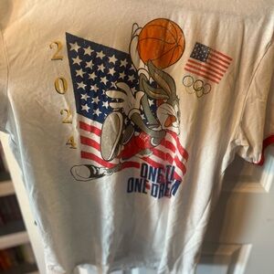 White Graphic T-Shirt with Basketball and Flag Design